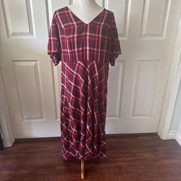 J Jill Womens XL Pink Plaid V Neck Maxi Dress Academia Cottagecore Modest Red - Picture 2 of 12